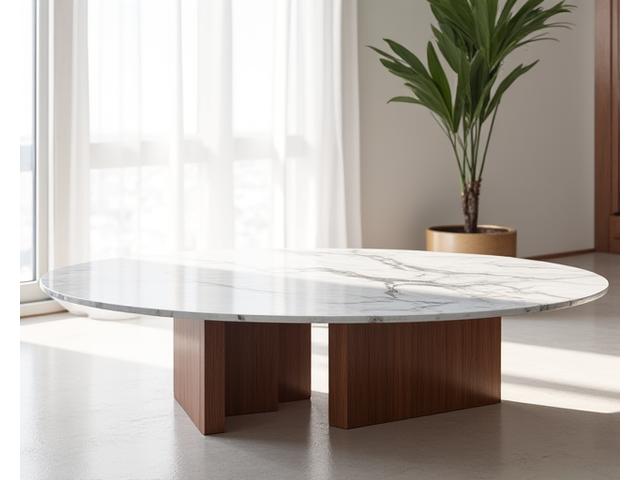 Table basse 'Élégance' en noyer et marbre de Carrare