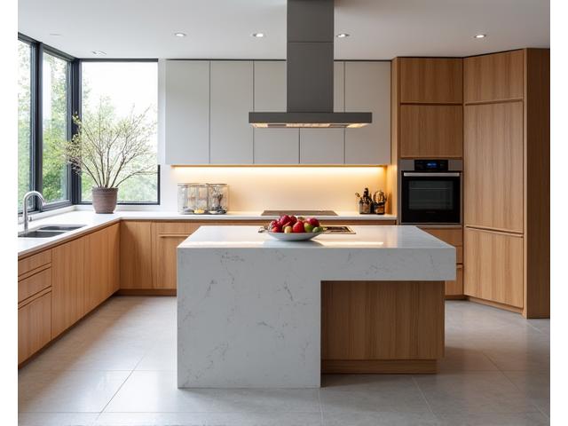 Agencement de cuisine moderne avec îlot central en bois massif