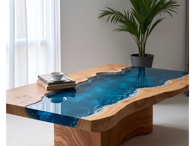 Table basse contemporaine en chêne avec plateau en résine