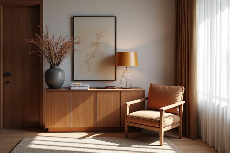 Intérieur élégant avec des meubles en bois et des éléments de design harmonieux, illustrant une consultation en design d'intérieur.