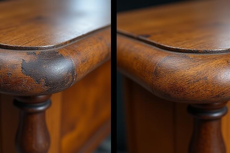 Meuble ancien avec une partie abîmée et une autre restaurée, montrant un 'avant/après' de restauration de mobilier.